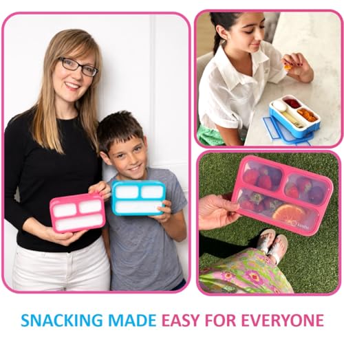 kinsho Small Snack Box Containers for Kids Toddlers, Pink Blue, Set of 2 | 3 Compartments, Leak-Proof, Spill Proof, BPA-Free Reusable Mini Bento Lunch Box for Girl & Boy Daycare School, Holds 2 Cups - color: Blue + Pink Small 2pk