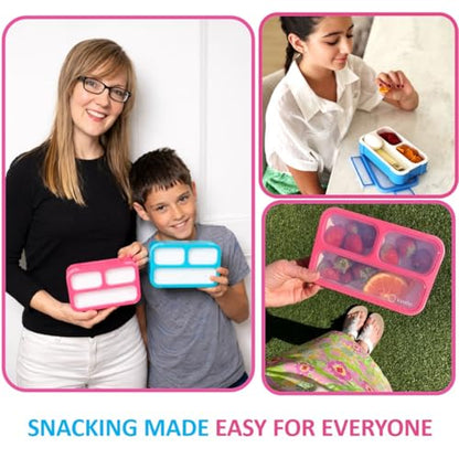 kinsho Small Snack Box Containers for Kids Toddlers, Pink Blue, Set of 2 | 3 Compartments, Leak-Proof, Spill Proof, BPA-Free Reusable Mini Bento Lunch Box for Girl & Boy Daycare School, Holds 2 Cups - color: Blue + Pink Small 2pk