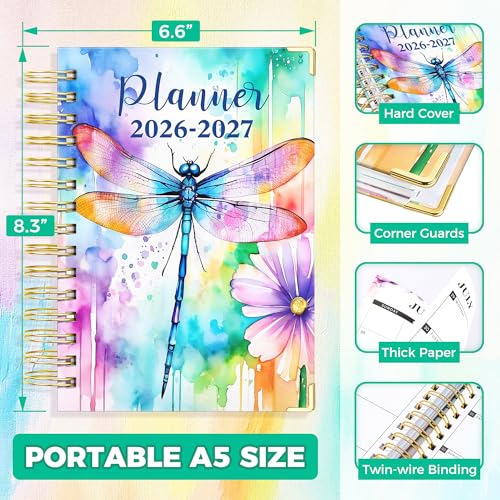 Academic Planner 2026-2027, 18 Months Weekly & Monthly Calendar Planner | July 2026 - Dec 2027, 6.6" x 8.3 A5 Size, Hardcover Daily Agenda with Tabs, Inner Pocket, Bookmark, Stickers, Sticky Note Set - color: Colorful Dragonfly, size: A5