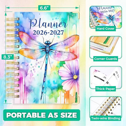 Academic Planner 2026-2027, 18 Months Weekly & Monthly Calendar Planner | July 2026 - Dec 2027, 6.6" x 8.3 A5 Size, Hardcover Daily Agenda with Tabs, Inner Pocket, Bookmark, Stickers, Sticky Note Set - color: Colorful Dragonfly, size: A5