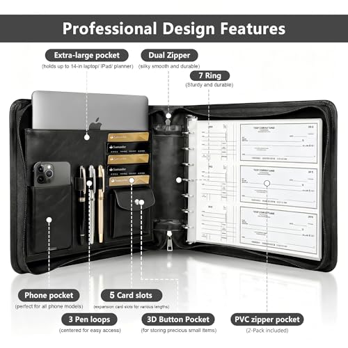 Toplive Zippered 7 Ring Business Checkbook Binder Extra-Large, 2Pack 7-Hole Pouch, 600 Checks Capacity, PU Leather Check Book Binder Cover with Multi-Pocket Design for Office & Business Use, Black