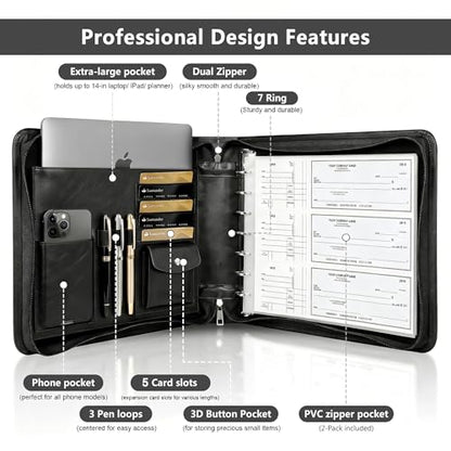 Toplive Zippered 7 Ring Business Checkbook Binder Extra-Large, 2Pack 7-Hole Pouch, 600 Checks Capacity, PU Leather Check Book Binder Cover with Multi-Pocket Design for Office & Business Use, Black