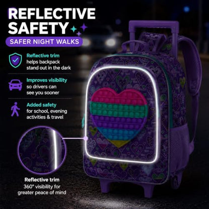 AGSDON 3PCS Rolling Backpack for Girls, Kids Roller Wheels Bookbag, Wheeled School Bag with Lunch Bag - Purple - color: Love