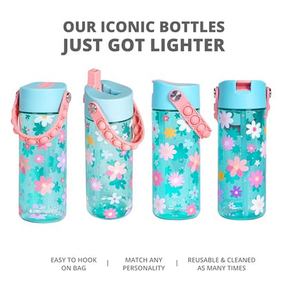 Elemental Leak Proof Water Bottles for Kids - Splash Kids Water Bottle for School with Pop-it Handle - Tritan Plastic Water Bottle with Straw - Stylish Cat & Spring Blossom - 18oz (2 Pack) - color: Duo - Stylish Cat / Spring Blossom