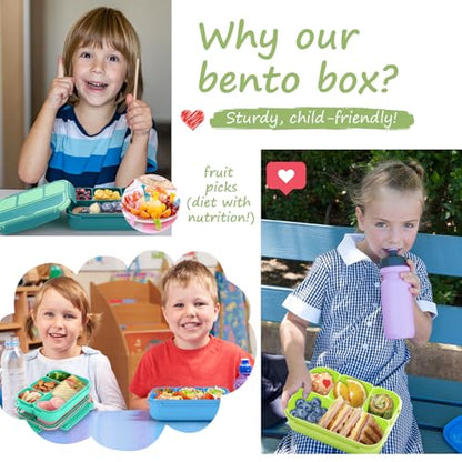 QQKO Bento Box for Kids Adults, School Toddler Lunch Box for Boys Girls, Lunch Box Containers with 4 Compartments, Sauce Container, Utensils, Food Picks and Muffin Cups for School, Pink Yellow Green - color: Pink Yellow Green