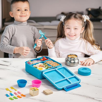 JSLOVE Bento Lunch Box with Leak Proof Thermos Food Jar for Kids, Food Lunch Containers for Boys with 4 Compartments, BPA-Free with Utensils, Food Picks, Sauce Jar & Silicone Lunch Box Dividers - color: Blue