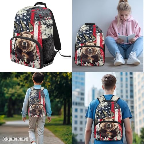 USA Flag Bear 3 in 1 School Backpack, 3PCS Kids Bookbag Set Large Capacity 17 Inch Student Backpack with Lunch Box and Pencil Case - color: Usa Flag Bear