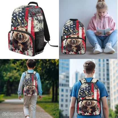 USA Flag Bear 3 in 1 School Backpack, 3PCS Kids Bookbag Set Large Capacity 17 Inch Student Backpack with Lunch Box and Pencil Case - color: Usa Flag Bear