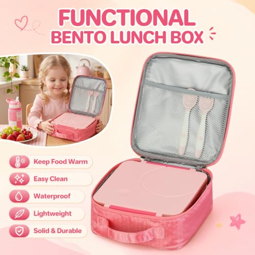 Bento Lunch Box for Girls with 8oz Soup Thermo & Lunch Bag, Leak-Proof Lunch Food Containers with 4 Compartment, Hot Food Insulated Food Jar for Kids School (Pink) - color: Pink