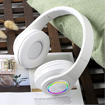 Bluetooth Over Ear Headphones, Deep Bass Colorful LED Lights Headphones with Mic, Lightweight Wireless Foldable HiFi Stereo Kids Headset for School Classroom/Home Travel/Office/PC/Cell Phone-White - color: White