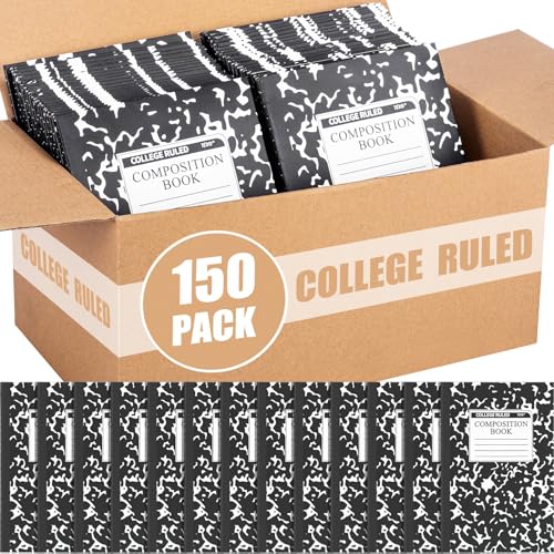 Fainne 150 Pack A5 Composition Notebooks Bulk Marble Cover Composition Notebooks College Notebooks Wide Ruled Notebooks for Students Classroom Office School Supplies(Black) - color: Black