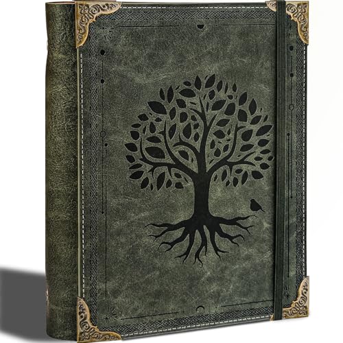 A5 6 Ring Binder - Refillable Journal Planner Organizer with Inside Pockets | 5.7"x8.3" Fits A5 Letter Size Paper, Round Ring Binder, Vintage Notebook Cover Loose Leaf for Photo Album, Recipe, Diary - color: Tree of Life - Green, size: 6 Rings - A5 Paper