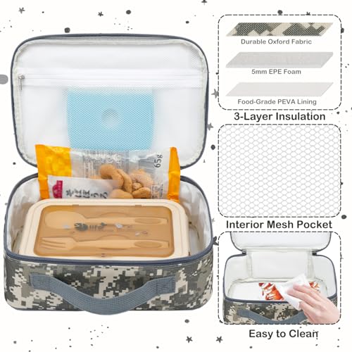FlowFly Kids Lunch box Insulated Soft Bag Mini Cooler Back to School Thermal Meal Tote Kit for Girls, Boys, Free USA Flag Patch Included - color: Digital Camo with Flag