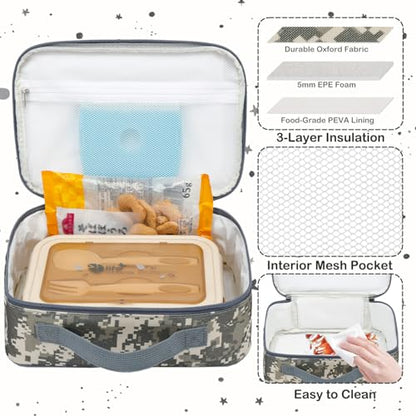 FlowFly Kids Lunch box Insulated Soft Bag Mini Cooler Back to School Thermal Meal Tote Kit for Girls, Boys, Free USA Flag Patch Included - color: Digital Camo with Flag