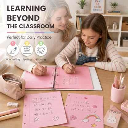 HIBOX Loose Leaf Paper Wide Ruled, 100 Sheets 8"x10.5" 3-Hole Punch, Pink | Anti-Bleed, 11/32" Spacing, Filler Paper for Binders, College, Office, School Supplies, Back to School & Classroom Must Haves - color: pink