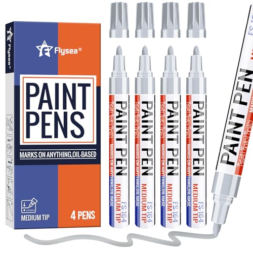 Silver Paint Pens Permanent Marker Pen 4 Pcs Waterproof Oil Based Paint Markers 3mm Medium Round Tip Quick-drying Paint Marker Pens for Rock Painting, Black Paper, Metal, Tyre, Glass, Wood - color: Silver