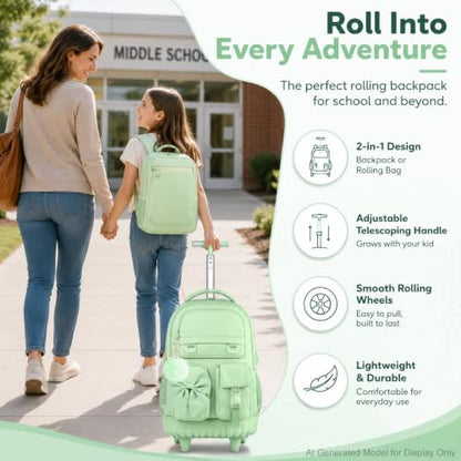 HPJGD 3PCS Girls Rolling School Backpack, Green Bow Tie Wheeled Backpacks, Water-Resistant Roller Bookbag Set - color: Green Bowknot Rolling Backpack Set