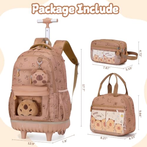 Capybara Theme Rolling Backpack with Lunch Bag & Pencil Case, Kids Rolling Backpack for Girls, Wheeled School Bookbag with Telescoping Handle for Kindergarten Elementary Middle High School - color: Brown