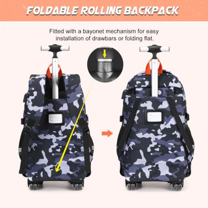 DIGOBAY Camo Rolling Backpack for Boys, 3PCS Tactical Kids Rolling Backpack Set with Lunch Bag & Pencil Case, Boys Wheeled School Bookbag for Elementary, Middle, High School - color: Camouflage Gray/Orange