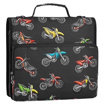 Fisyme Motocross Dirt Bike Black Zipper Binder 3 Ring with Zipper and Shoulder Strap Large Capacity Multi-Pocket Binder Organizer - color: Multi-cute Black