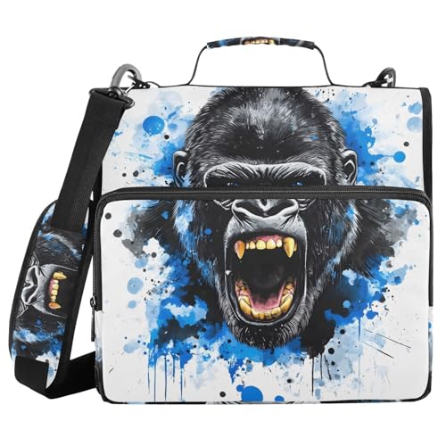 3 Ring Zipper Binder with Shoulder Strap King Kong Blue Face 1.5 inch Binders Keeper Large Capacity Multi Pockets for School Office Supplies - color: Multi474, size: Fit 500 Sheets