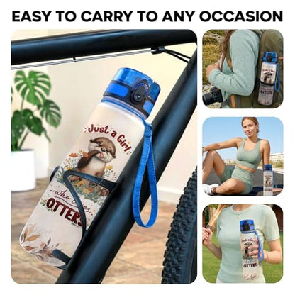 34HD Otter Water Bottle with Time Marker & Straw 32oz, Just a Girl Who Loves Otters, Cute River Otters Wildlife Design, Birthday Gift for Otter Lovers Women Girl - color: Brown otter