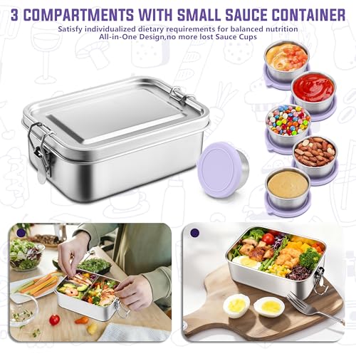 HaWare Stainless Steel Lunch Box, 29oz (850ML) with Divider | 3 Compartment, Condiment Container Included, Carrying Bag Included, Leak-Proof, Dishwasher Safe - color: Lilac Purple, size: 29oz-(850ml)