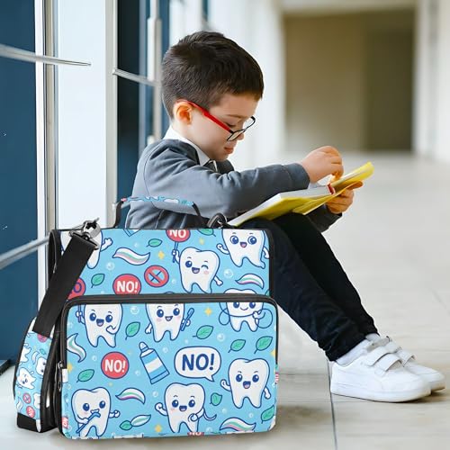 Dental Health Cartoon Teeth Blue Office Binder Organizer with Shoulder Strap Waterproof 1.5 Inch 3 Rings Pencil Bags Portfolio Binder Documents Files Organizer - color: Dental Health Cartoon Teeth Blue