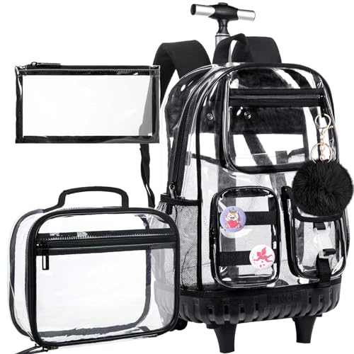 WZLVO Rolling Clear Backpack for Girls Women, Heavy Duty PVC Transparent Bookbag, See Through Wheeled Bookbag with Lunch Box for Teens Elementary Travel - Black - color: Black