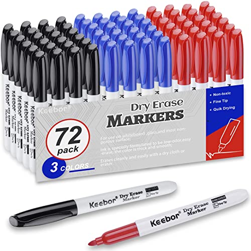 Keebor Dry Erase Markers Fine Tip, 3 Assorted Colors, 72 Pack Low-Odor Whiteboard Markers, Office Supplies - color: Multicolor, size: 1 Count (Pack of 72)