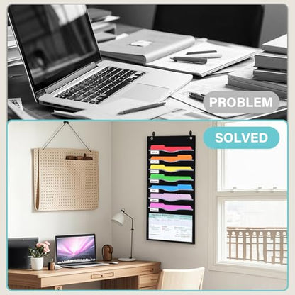 ALSLEA 8 Pockets Hanging Wall File Organizer 15" Extra Wide Pocket Chart for Classroom, Office, Home, Mail Organizer Wall Mounted with 1 Writable Clear Pocket, 5 Wall/ Door Hooks & 12 Labels (Black) - size: Medium (8 Pockets)