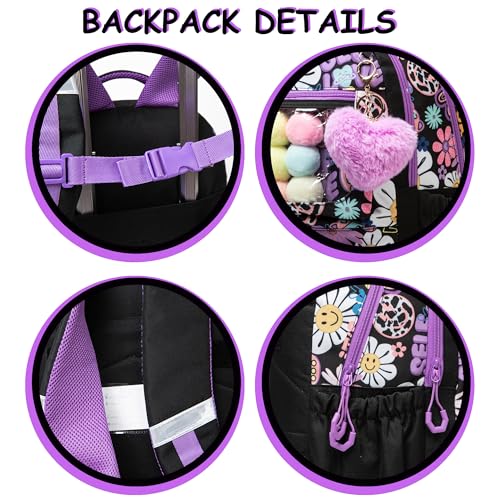 Cute Rolling Backpacks with Wheels for Girls Aesthetic Rolling Backpack for Elementary with Lunch Box School Trolley Backpack for Girls School Supplies - color: Black Flower