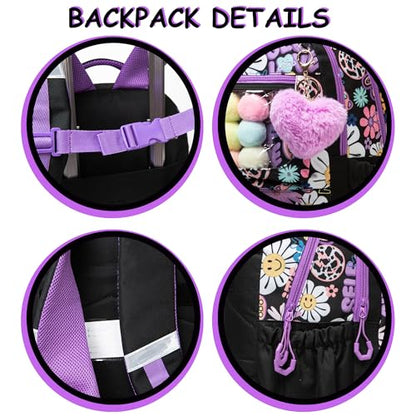 Cute Rolling Backpacks with Wheels for Girls Aesthetic Rolling Backpack for Elementary with Lunch Box School Trolley Backpack for Girls School Supplies - color: Black Flower