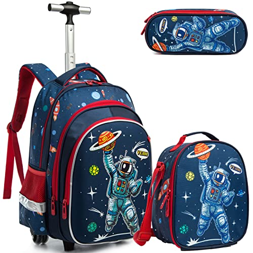 School Bags Kids Rolling Astronaut Backpack With Wheels Trolley Wheeled Backpacks for Travel Bags 3PCS Cat Backpack With Lunch Box Blue - color: Blue-220223-1-l
