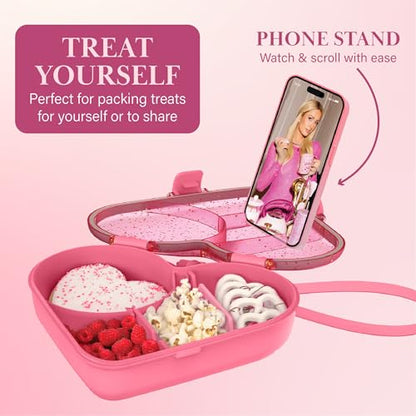 Paris Hilton Bento-Style Heart-Shaped Snack Box Set, Customizable 4-Compartment Containers with Removable Dividers, Built-In Phone Stand & Removeable Wrist Strap, 2-Pack, Pink
