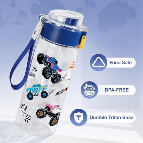 Tritan Kids Water Bottle for School, 18.6 oz Leakproof 2-in-1 Toddler Water Bottle with a Pop-up Detachbale Straw, Dishwasher Safe (Monster Truck) - color: Monster Truck