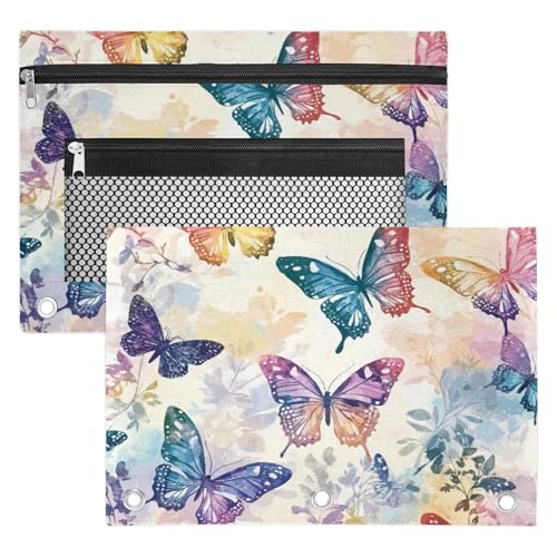 Watercolor Butterfly Pencil Pouch for 3 Ring Binder Colorful Flowers Pencil Case Bag with Clear Window Zipper Pockets for Kids Girls Boys Students School College Supplies 2 Pack - color: Orange Purple