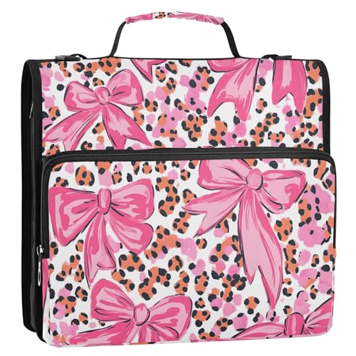 3 Ring Zipper Binder with Shoulder Strap Pink Bow Leopard Print 1.5 inch Binders Keeper Large Capacity Multi Pockets for School Office Supplies - color: Multi399, size: Fit 500 Sheets