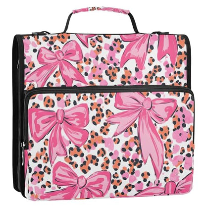 3 Ring Zipper Binder with Shoulder Strap Pink Bow Leopard Print 1.5 inch Binders Keeper Large Capacity Multi Pockets for School Office Supplies - color: Multi399, size: Fit 500 Sheets