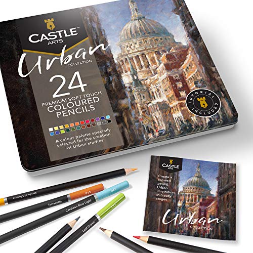 Castle Art Supplies - Urban Sketching 24 Colored Pencil Set in Tin Box, Premium Quality, Smooth Pigmented Cores, Perfect for Cityscape Art - color: Urban Sketching