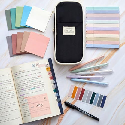 Jutom 39 Pcs Aesthetic Book Annotation Kit Highlighter with Case Bag Gel Pen Transparent Sticky Note Taking Bible Supplies(Black,Cute Style) - color: Black, style: Cute Style
