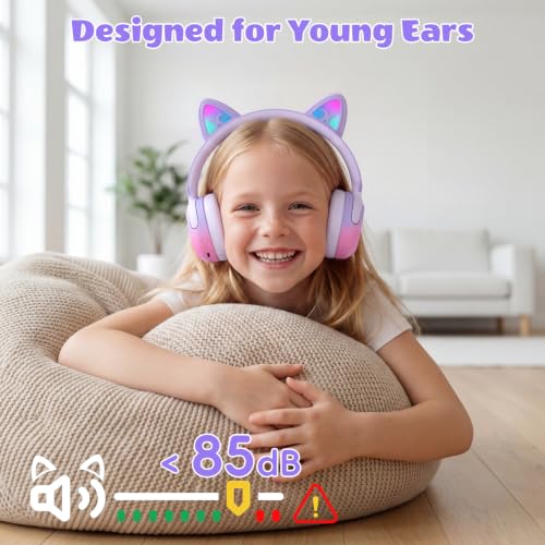 Candy Bila Kids Bluetooth Headphones with LED Cat Ears, Active Noise Cancelling Headphones, 85dB Safe Volume, 40H Play Time, Bluetooth 6.0, Built-in Mic for iPad/Tablet/Airplane, Purple - color: Purple