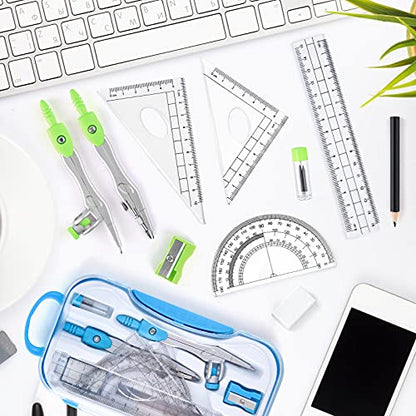 Coopay 2 Sets Math Geometry Kit, 10 Pieces Student Supplies Per Set Includes Ruler, Triangles, Protractor, Compass, Eraser, Pencil Sharpener, Lead Refills, Pencil, for Drafting and Drawings