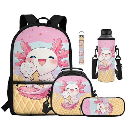 Cartoon Axolotl 5 Piece Kids Backpack Set with Lunch Bag Pencil Case and Bottle Holder School Backpack for Elementary Middle School Students - color: Cartoon Axolotl