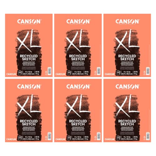 Canson XL Series Recycled Sketch Pad, 9" x 12", Top Bound, 50 lb. (74gsm), 100 Sheets/Pad, Case of 6 Pads, 600 Sheets Total - size: 9" x 12" (Pack of 6)