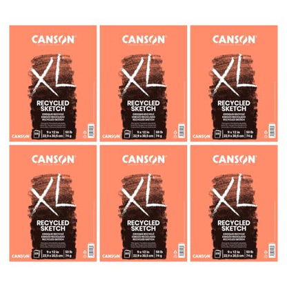 Canson XL Series Recycled Sketch Pad, 9" x 12", Top Bound, 50 lb. (74gsm), 100 Sheets/Pad, Case of 6 Pads, 600 Sheets Total - size: 9" x 12" (Pack of 6)