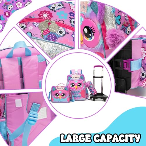 Meetbelify Girls Cute Backpack with Wheels for Elementary Students Kids Black Travel Luggage - color: Owl