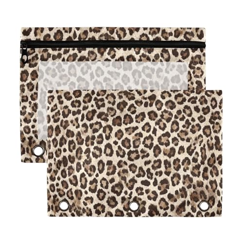 Kcldeci Pencil Pouch for 3 Ring Binder, Leopard Print 2 Pack Binder Pencil Pouch with Clear Window Pencil Bags with Zipper Pencil Case for Binder - color: A05