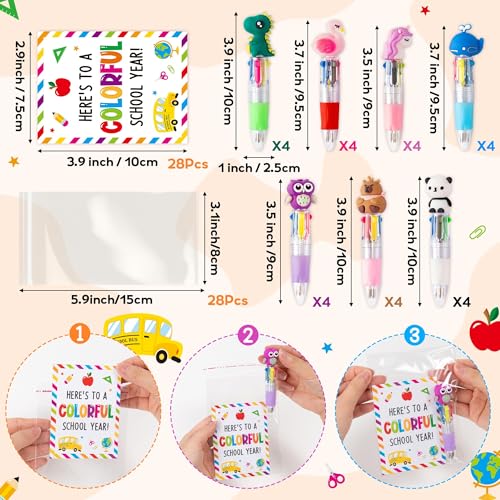ANGOLIO Back to School Gifts 28 Sets Cute Animals 4 in 1 Multicolor Retractable Ballpoint Pens with Greeting Cards for Students Kids Classroom Office Home Rewards First Day of School Party Supplies - style: Cute Animals