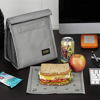2nd Childhood Insulated Lunch Bag for Men, Durable & Reusable, Grey | Slim lunch bag with carry handle, two mesh side pockets and a back slip pocket; insulated liner keeps food cool - color: Gray